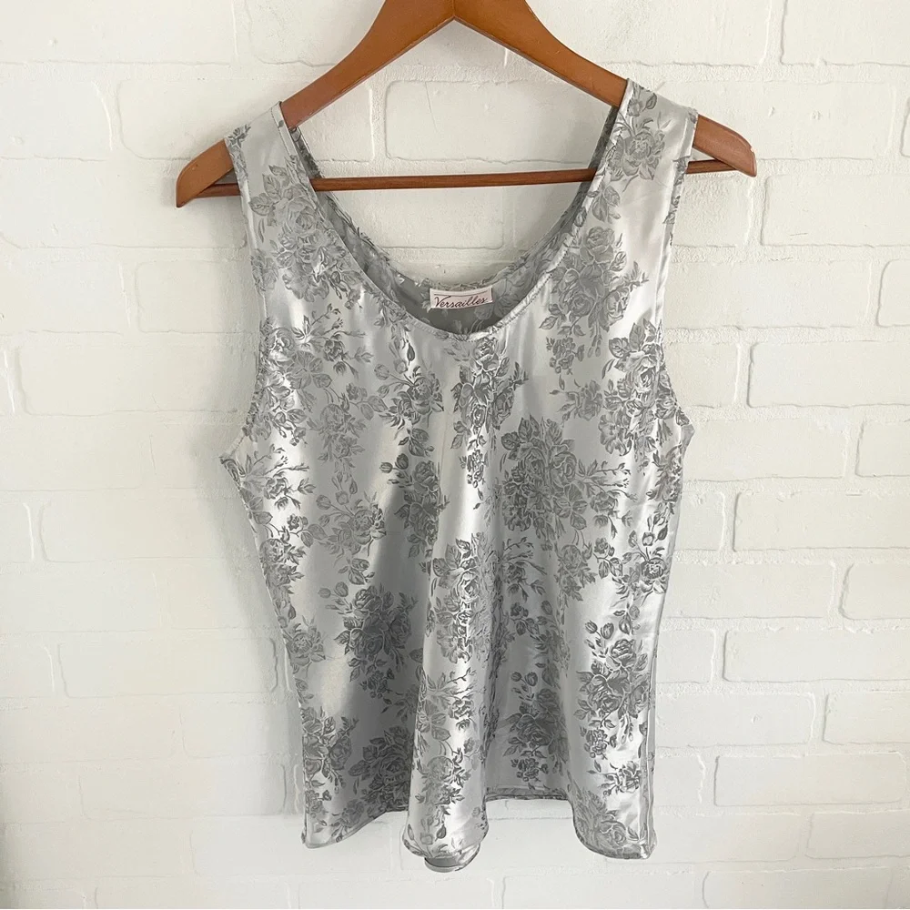 Vintage Silver Satin Baroque Roses Cami Iridescent Floral Tank Top sz XL/XXL - Picture 4 of 14